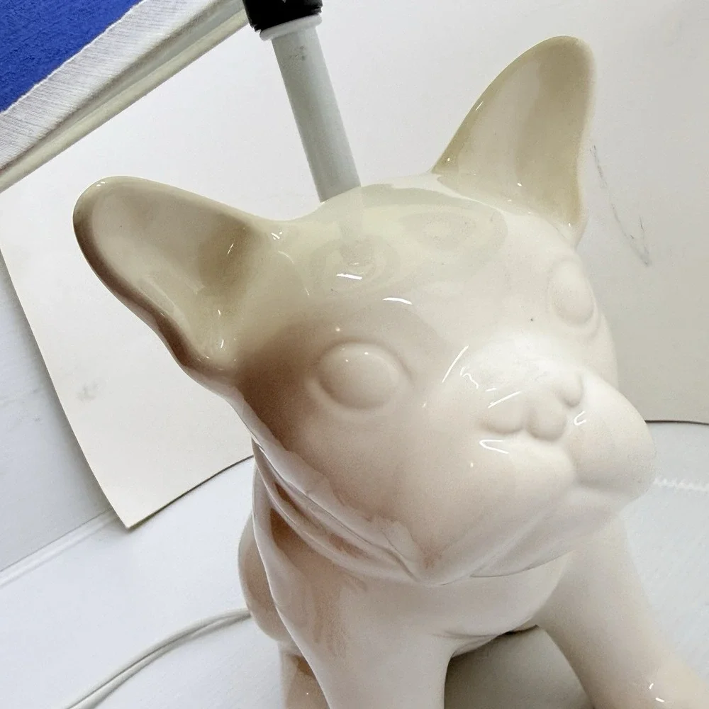 French Bulldog Table Lamp White Ceramic Dog Blue White Striped Shade 15
